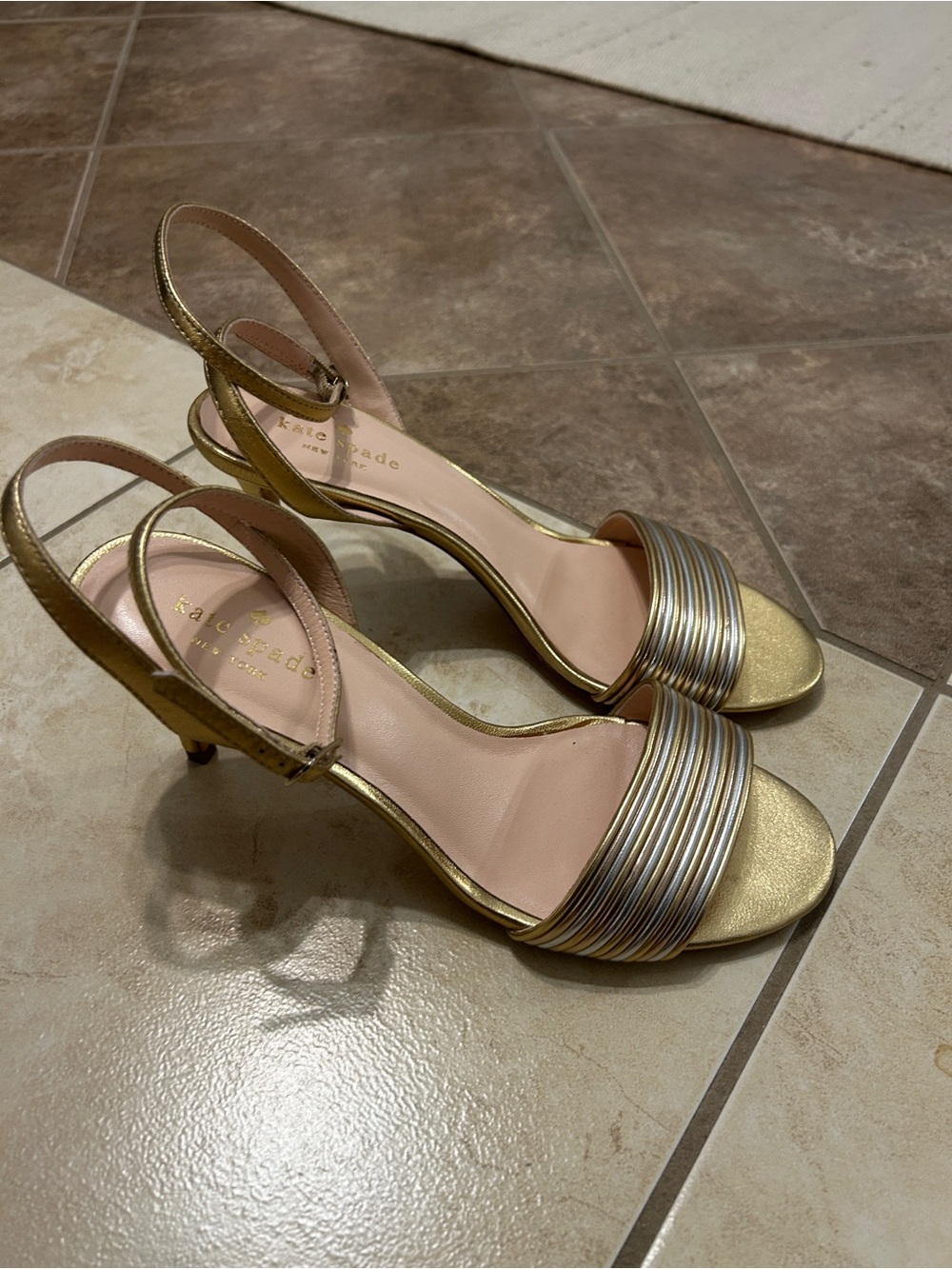 kate spade Gold Metallic Strappy Mid-Heel Sandals - Picture 2 of 5